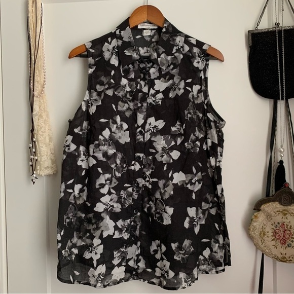 Coldwater Creek Lightweight Sleeveless Top Black white Floral Size Large - Picture 1 of 5